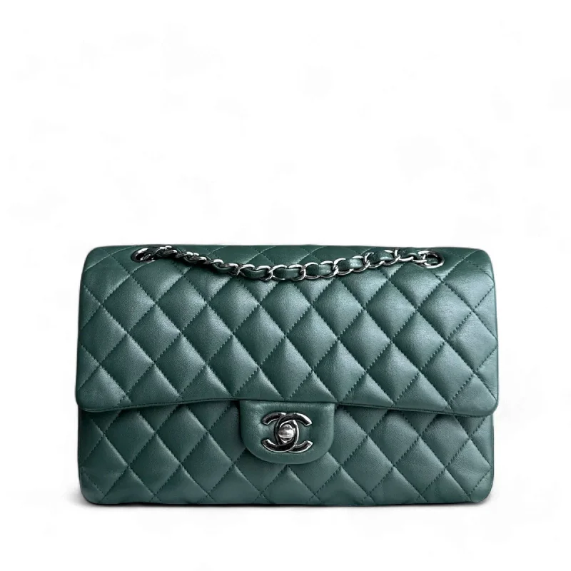 CHANEL CLASSIC FLAP MEDIUM - 25CM QUILTED LAMBSKIN DARK GREEN SILVER HARDWARE SERIES 23 SYCM326