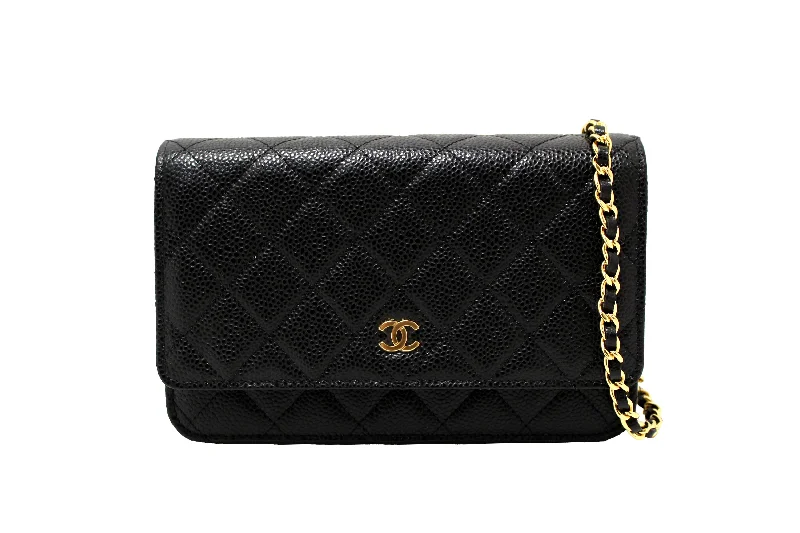 Authentic NEW Chanel Black Quilted Caviar Leather Wallet On Chain WOC Messenger Bag