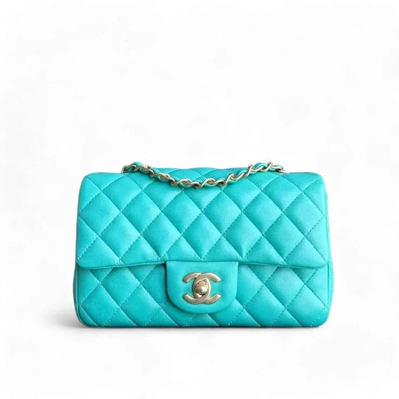 CHANEL CLASSIC FLAP MINI - 20CM RECTANGLE QUILTED LAMBSKIN CYAN GOLD HARDWARE SYCM355