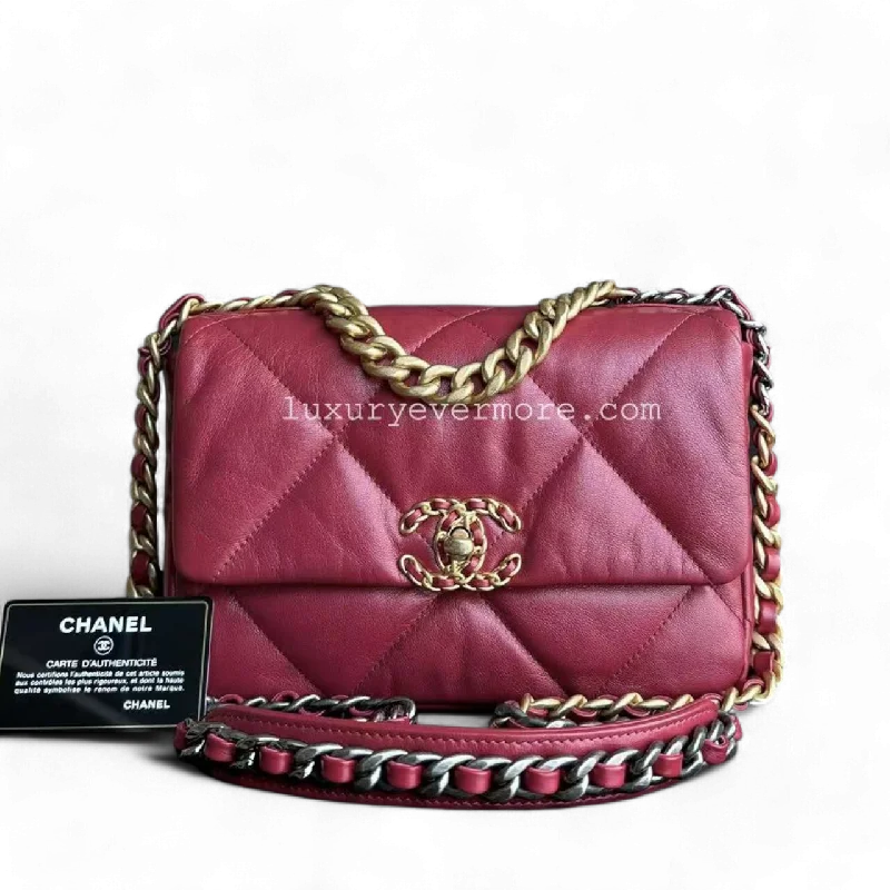 Chanel 19 Bag Small C19 Quilted Goatskin Burgundy Red Two Tone Hardware