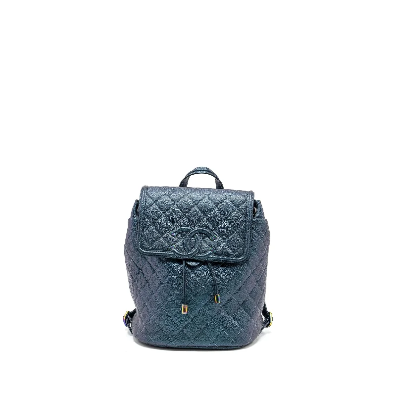 Chanel 18b Filigree Backpack Caviar Iridescent Dark Turquoise Multicolour Hardware