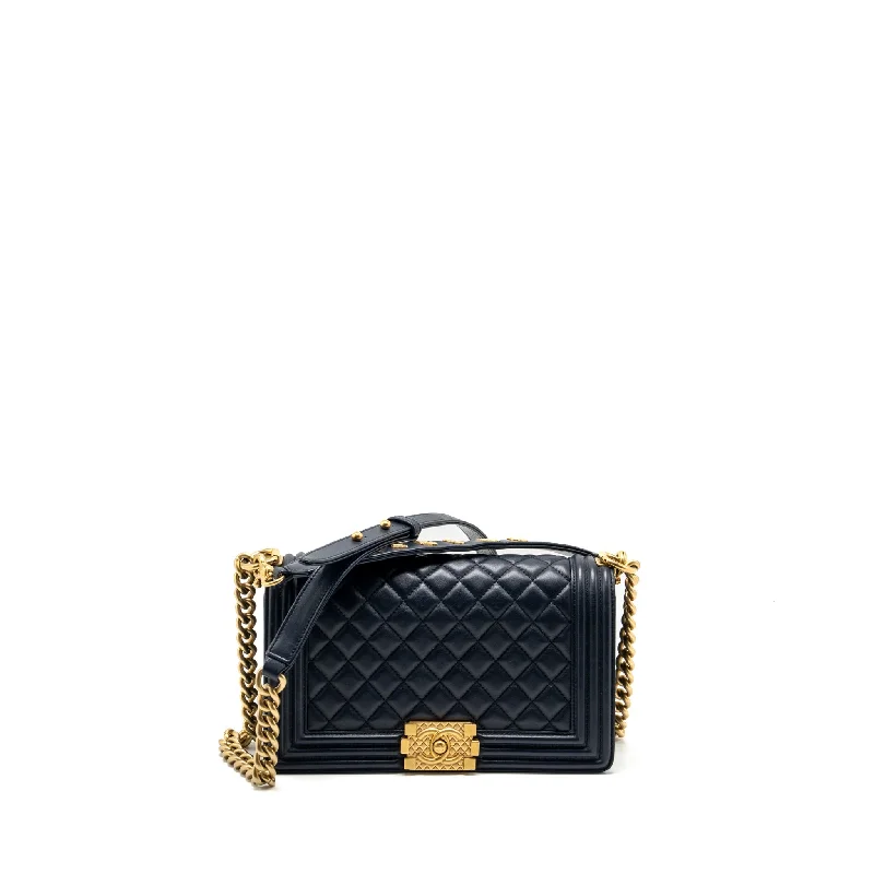 Chanel 20B medium boy bag with top handle Calfskin navy GHW