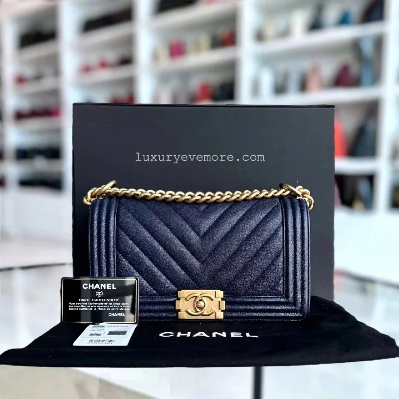 Caviar Boy Old Medium 25CM Chevron Grained Calfskin Dark Blue Leboy Golden Hardware Series 26