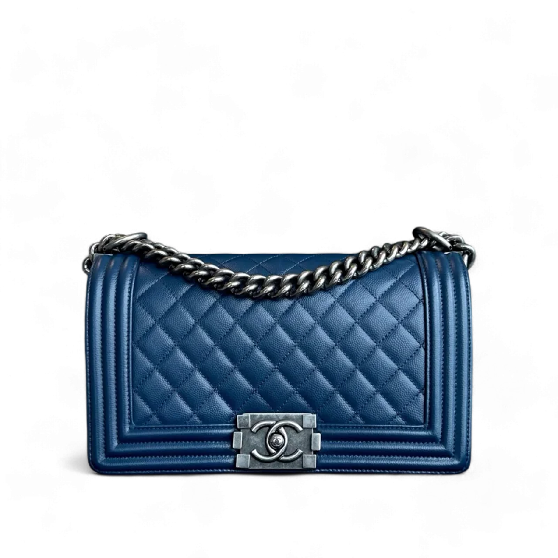 Chanel Caviar Boy Old Medium 25CM Quilted Grained Calfskin Dark Blue Leboy Ruthenium Silver Hardware Series 25