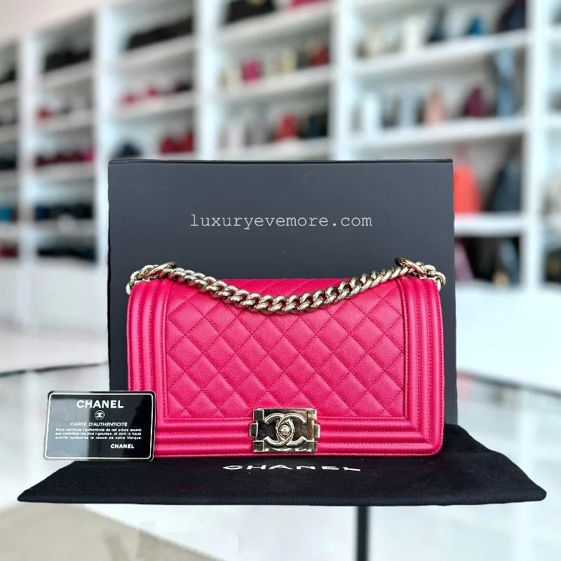 Caviar Boy Old Medium 25CM Quilted Grained Calfskin Hot Pink Golden Hardware Series 23