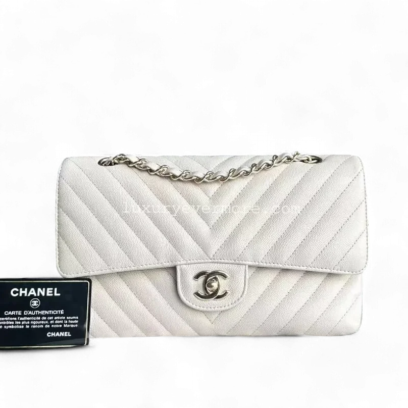 Chanel Classic Flap - Medium 25CM Caviar Chevron White Cream Silver Hardware Series 26