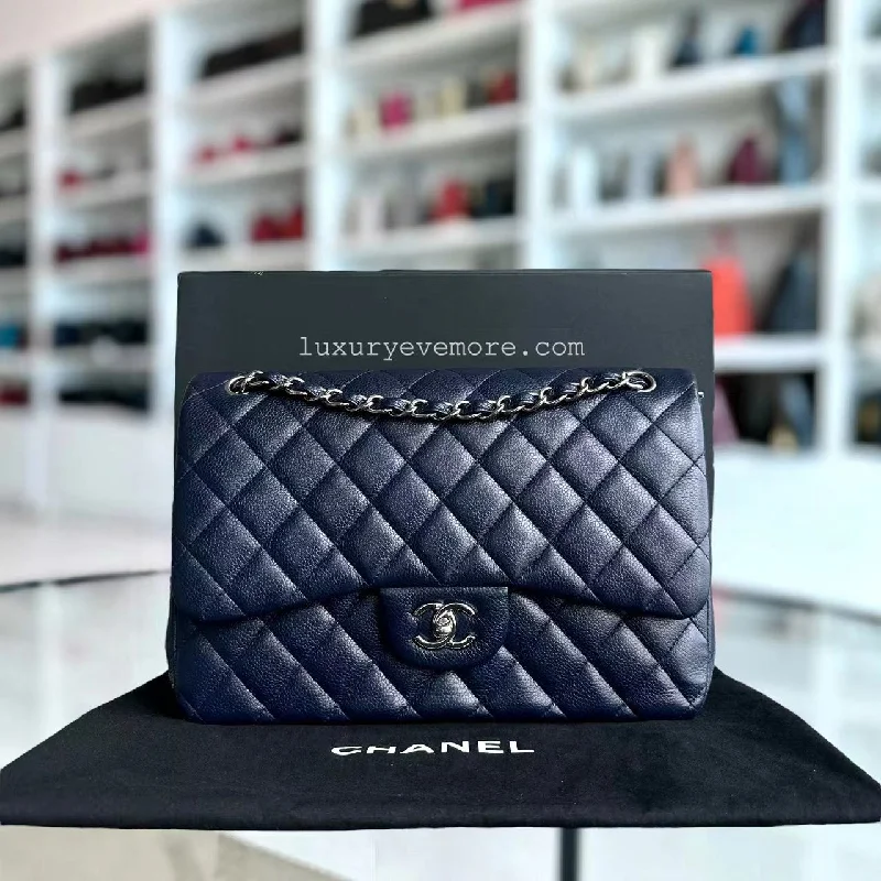 Caviar Jumbo Double Flap Classic Flap Quilted Grained Calfskin Dark Blue Silver Hardware Series 19