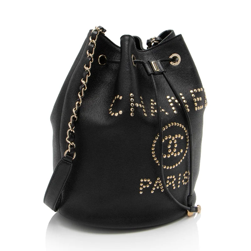 Chanel Caviar Leather Studded CC Deauville Bucket Bag (LVIad7)