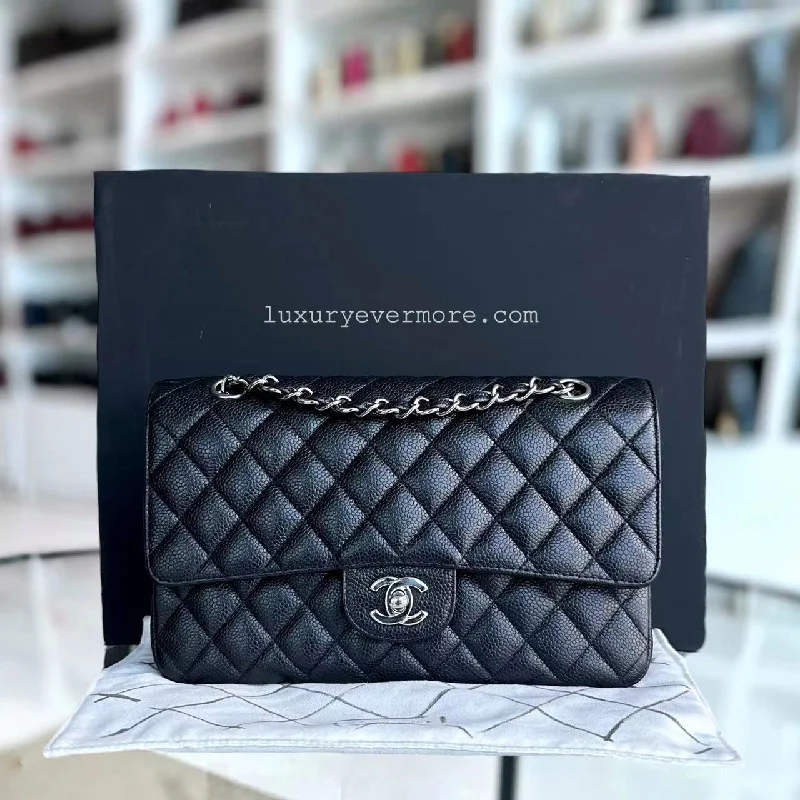 Caviar Double Flap Quilted Calfskin Black Silver Hardware Series 14