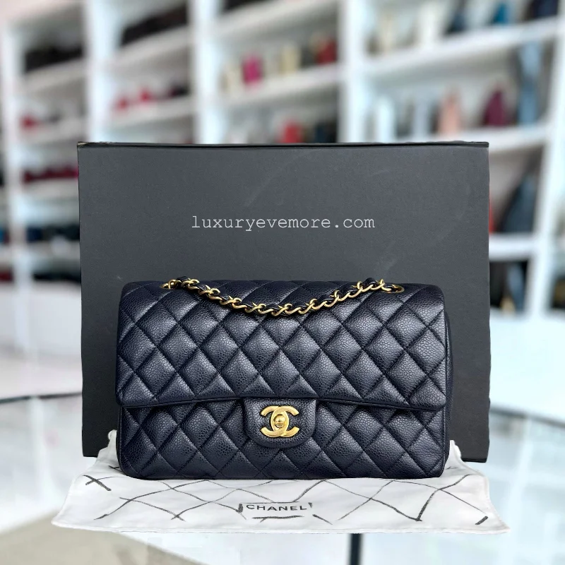 Caviar Double Flap Quilted Grained Calfskin Dark Blue Golden Hardware Series 21