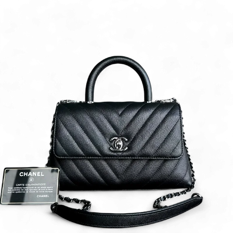 Chanel Coco Handle Small - Caviar Chevron Grained Calfskin Black Ruthenium Silver Hardware Series 28