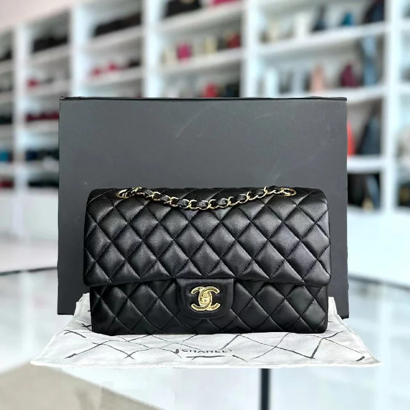 Double Flap 25CM Quilted Lambskin Black Golden Hardware Series 23