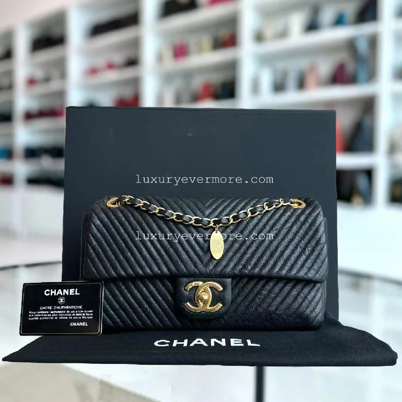 Chanel Herringbone - Medium Seasonal Flap Black Aged Calfskin Golden Hardware Series 19