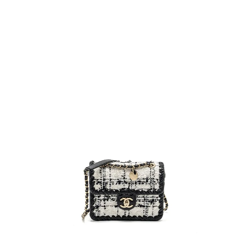 CHANEL Seasonal Mini Square Flap Bag Tweed White/Black LGHW (Microchip)