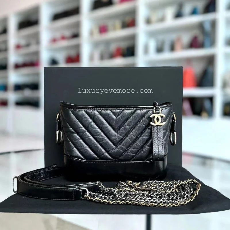 Small Gabrielle Chevron Calfskin Black Golden Hardware Series 27