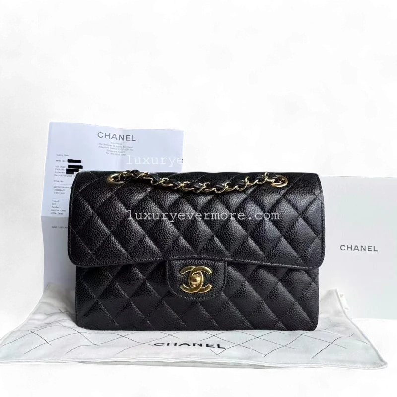 *Microchip, Full Set Receipt* Chanel Small Caviar Classic Flap Quilted Black Golden Hardware