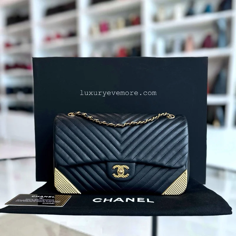 *Rare* Chanell Classic Flap Small - Rock The Corner Seasonal Chevron Calfskin Black Golden Hardware Series  26